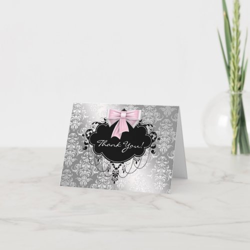 Pink and Silver Damask Thank You Cards