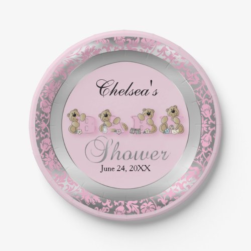 Pink and Silver Damask with Teddy Bears Paper Plates