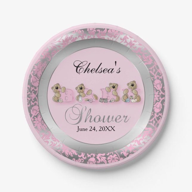 Pink and Silver Damask with Teddy Bears Paper Plates (Front)