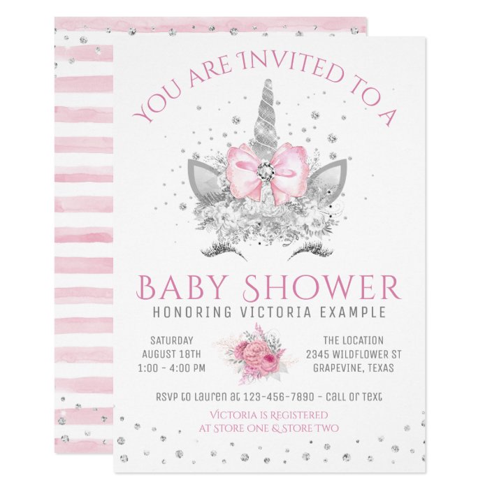 Pink And Silver Diamond Unicorn Baby Shower Invitation Zazzle Com