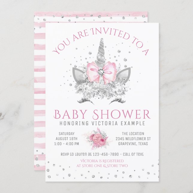 Pink and Silver Diamond Unicorn Baby Shower Invitation (Front/Back)