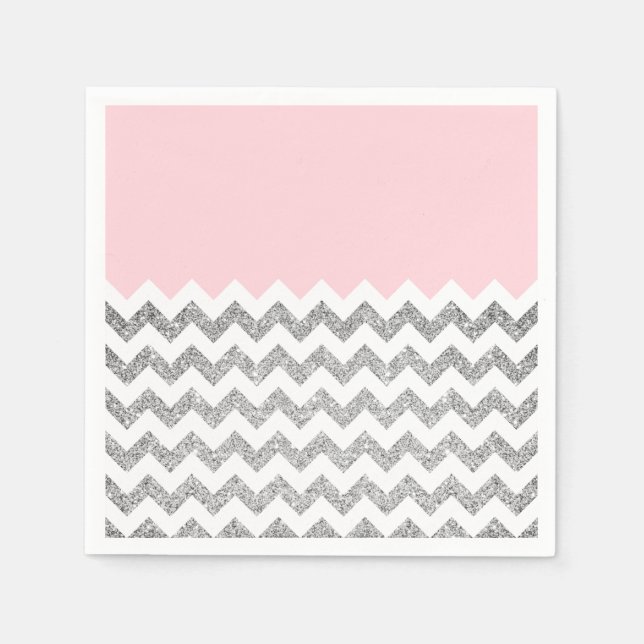 Pink and Silver Faux Glitter Chevron Napkins (Front)