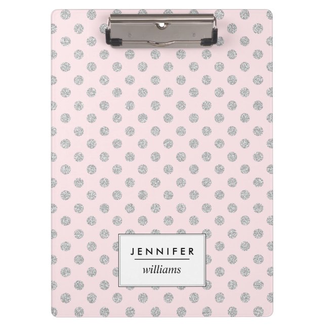 Pink and Silver Faux Glitter Dots Personalized Clipboard (Front)