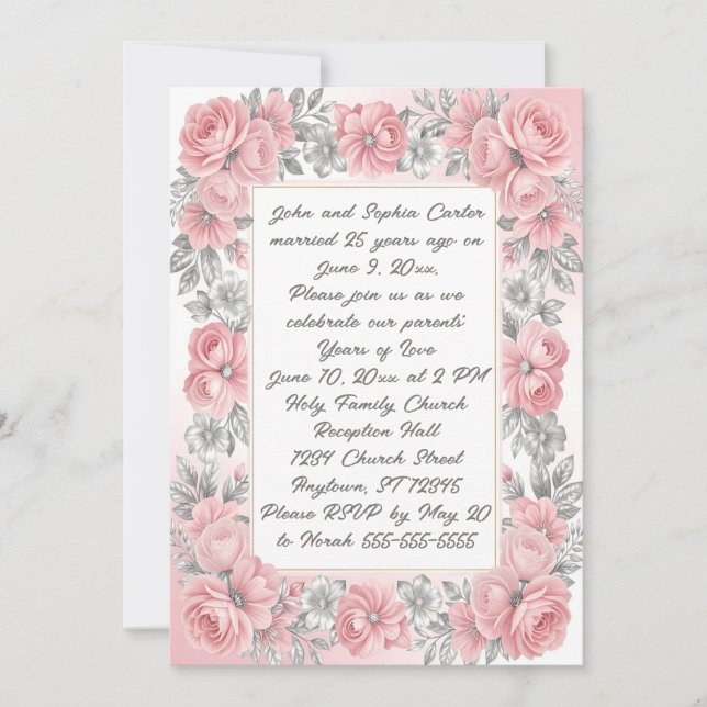 Pink and Silver Floral 25th Anniversary Invitation (Front)