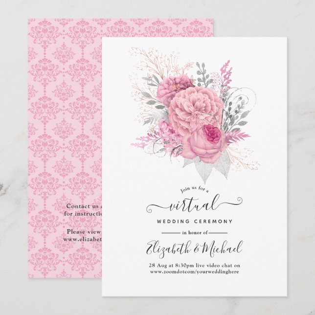 Pink and Silver Floral and Lace Virtual Wedding Invitation (Front/Back)