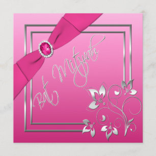 Pink and Silver Floral Bat Mitzvah Invitation