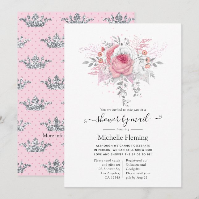 Pink and Silver Floral Bridal Shower by Mail Invitation (Front/Back)