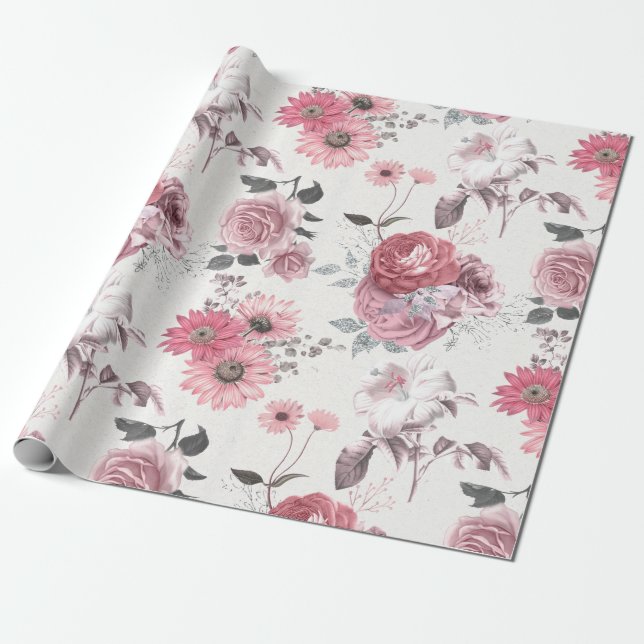 Pink and Silver Floral Wrapping Paper (Unrolled)