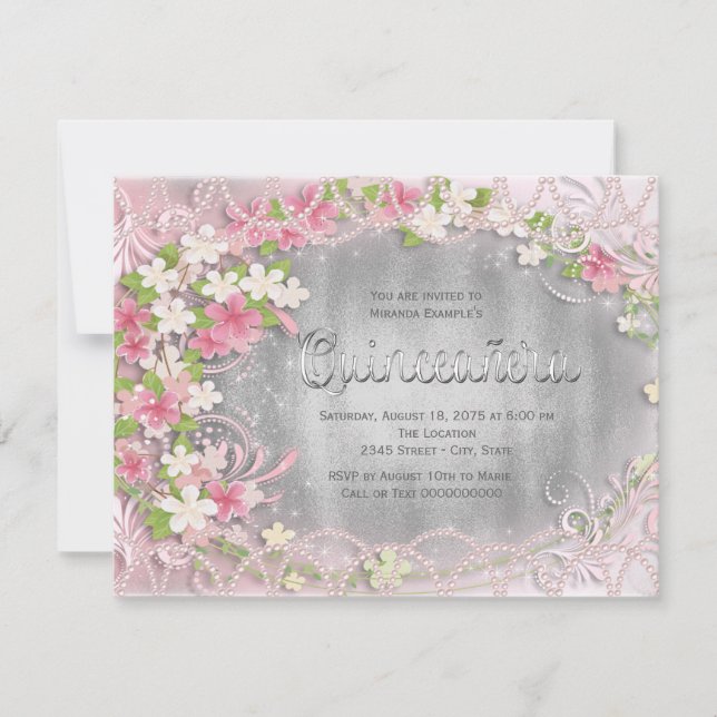 Pink and Silver Foil Floral Quinceañera Invitation (Front)
