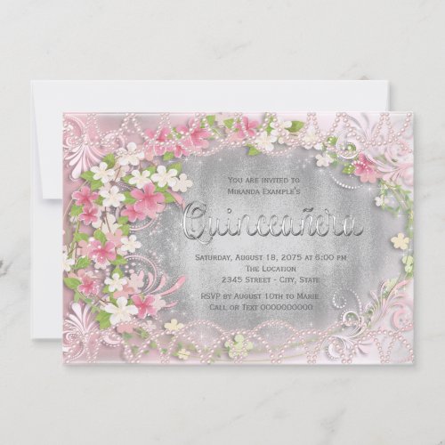Pink and Silver Foil Floral Quinceaera Invitation