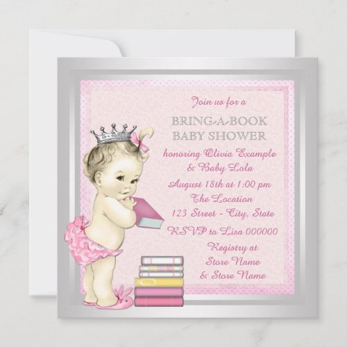 Pink and Silver Girls Bring a Book Baby Shower Invitation