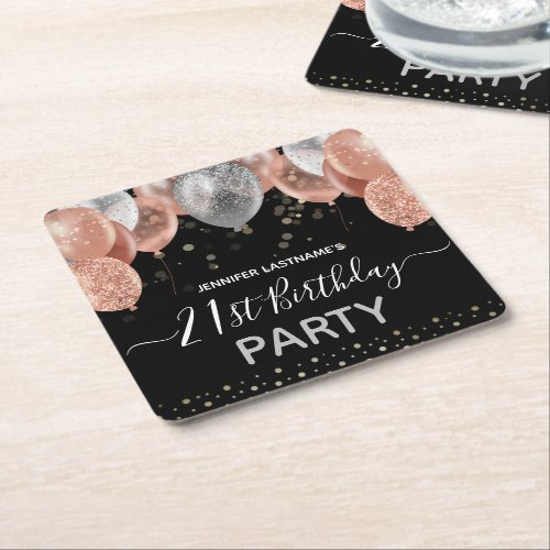 Pink and Silver Glitter 21st Birthday Square Paper Coaster