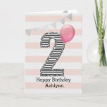 Pink and Silver Glitter 2nd Birthday Girl Card<br><div class="desc">A pink and silver 2nd birthday girl card, which you can personalize with her name. The front of this beautiful 2nd birthday card for her features the number two in a black and white stripe with an outline of glitter with a pink balloon ready to float way. Please note the...</div>