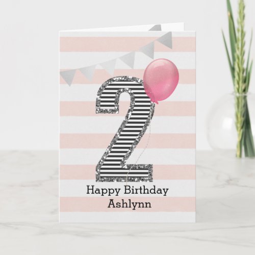 Pink and Silver Glitter 2nd Birthday Girl Card