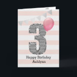 Pink and Silver Glitter 3rd Birthday Girl Card<br><div class="desc">A pink and silver 3rd birthday girl card, which you can personalize with her name. The front of this beautiful 3rd birthday card for her features the number three in a black and white stripe with an outline of glitter with a pink balloon ready to float way. Please note the...</div>