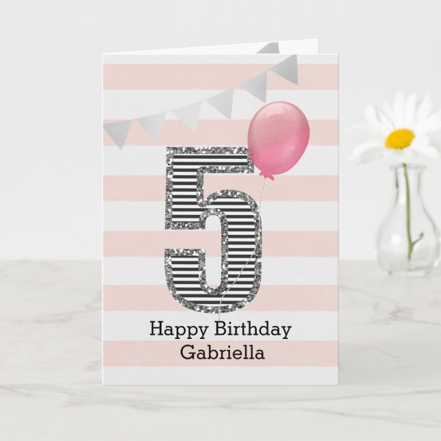 Pink and Silver Glitter 5th Birthday Girl Card (Small Plant)