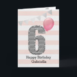 Pink and Silver Glitter 6th Birthday Girl Card<br><div class="desc">A pink and silver 6th birthday card for girls, which you can personalize with her name. The front of this beautiful 6th birthday card for her features the number six in a black and white stripe with an outline of glitter with a pink balloon ready to float way. Please note...</div>