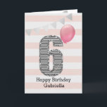 Pink and Silver Glitter 6th Birthday Girl Card<br><div class="desc">A pink and silver 6th birthday card for girls, which you can personalize with her name. The front of this beautiful 6th birthday card for her features the number six in a black and white stripe with an outline of glitter with a pink balloon ready to float way. Please note...</div>