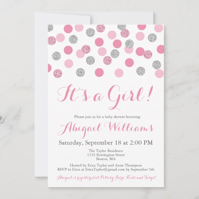 Pink and Silver Glitter Baby Shower Invitations (Front)
