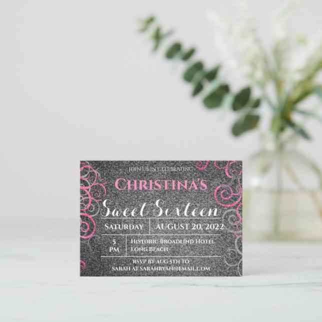 Pink and Silver Glitter Birthday Invitation (Standing Front)