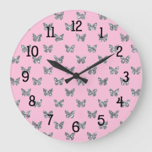 Pink and Silver Glitter Butterfly Butterflies Large Clock