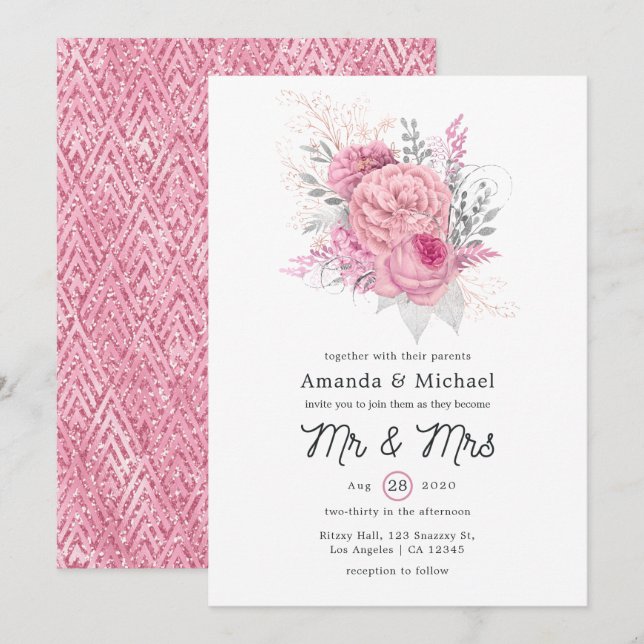 Pink and Silver Glitter Geometric Floral Wedding Invitation (Front/Back)
