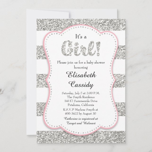 Pink and Silver Glitter Girl Baby Shower Invitatio Invitation (Front)