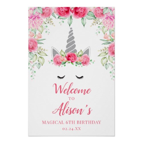 Pink and Silver Glitter Unicorn Welcome Sign