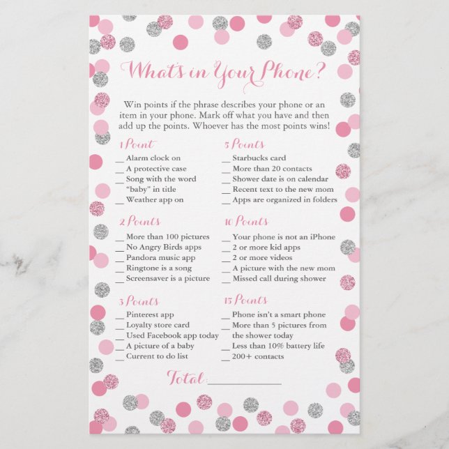 Pink and Silver Glitter What's in Your Phone Game (Front)