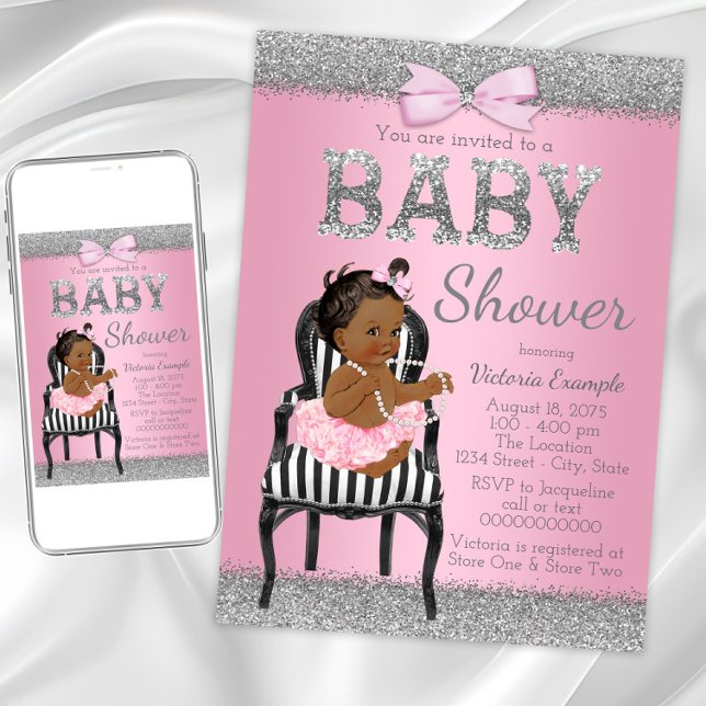 Pink and Silver Gray Ethnic Girl Baby Shower Invitation (Cute pink silver baby shower invitation. Instant download and printed invitations available.)