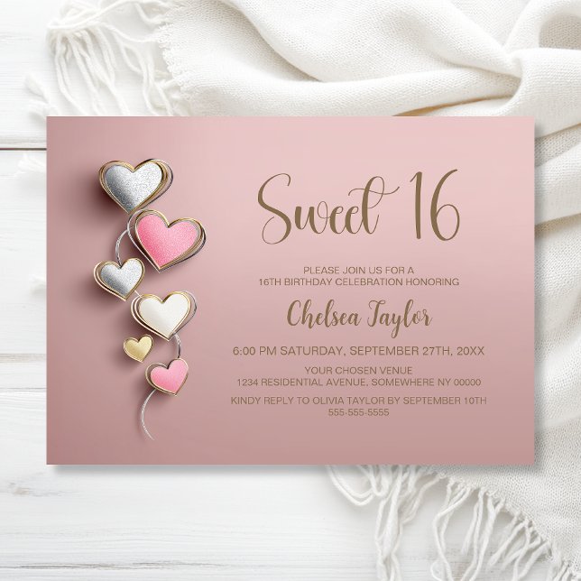 Pink and Silver Heart Theme Sweet 16 Birthday Invitation (Creator Uploaded)
