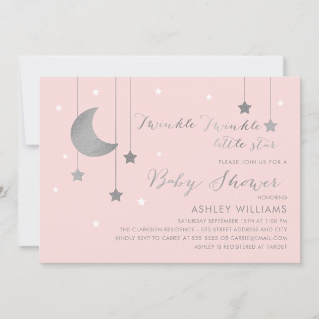 Pink and Silver Moon and Stars Baby Shower Invitation (Front)