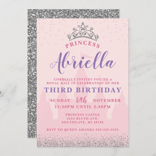 Pink and Silver Princess Birthday Invitation (Front/Back)
