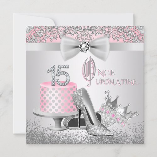 Pink and Silver Princess Quinceanera Invitation