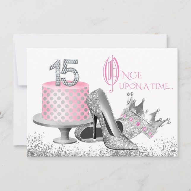 Pink and Silver Quinceanera Birthday Party Invitation (Front)