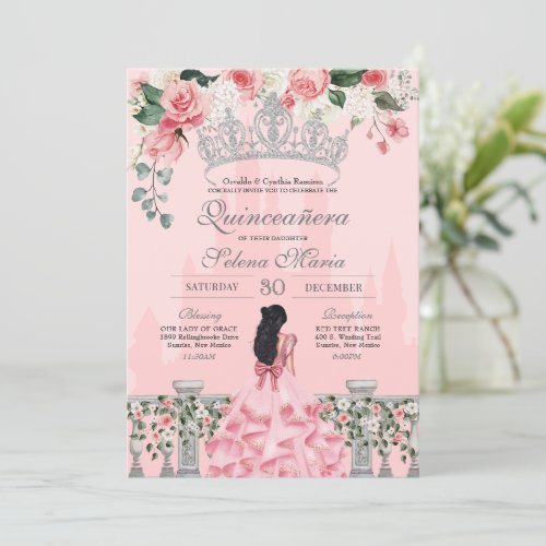 Pink and Silver Rose Princess Castle Quinceaera Invitation