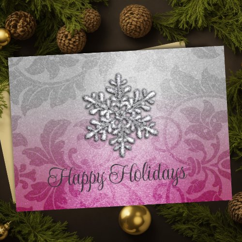 Pink and Silver Shimmer Damask Holiday Card