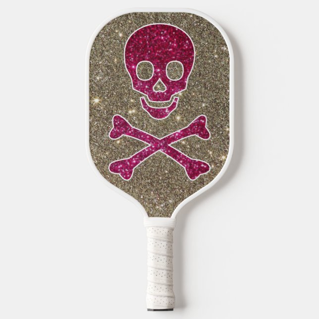 Pink and Silver Skull Glitter Pretty Tough Cool Pickleball Paddle (Front)