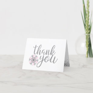 Pink and Silver Snowflake Baby Shower Letterpress Thank You Card