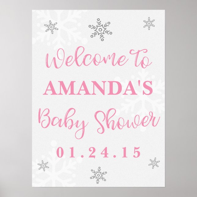 Pink and Silver Snowflake Baby Shower Welcome Sign (Front)