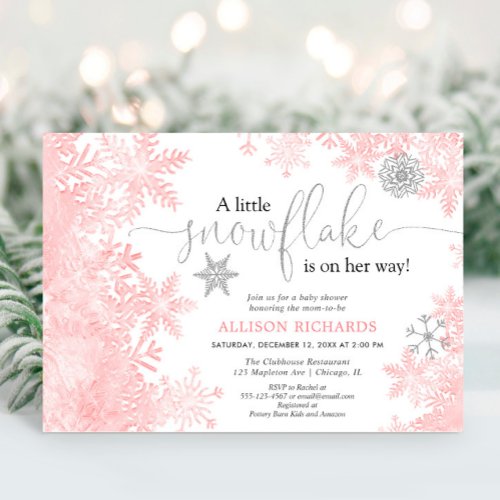 Pink and silver snowflake winter girl baby shower invitation