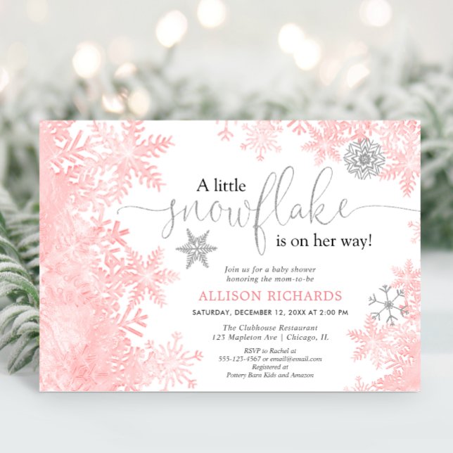 Pink and silver snowflake winter girl baby shower invitation