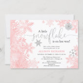 Pink and silver snowflake winter girl baby shower invitation (Front)