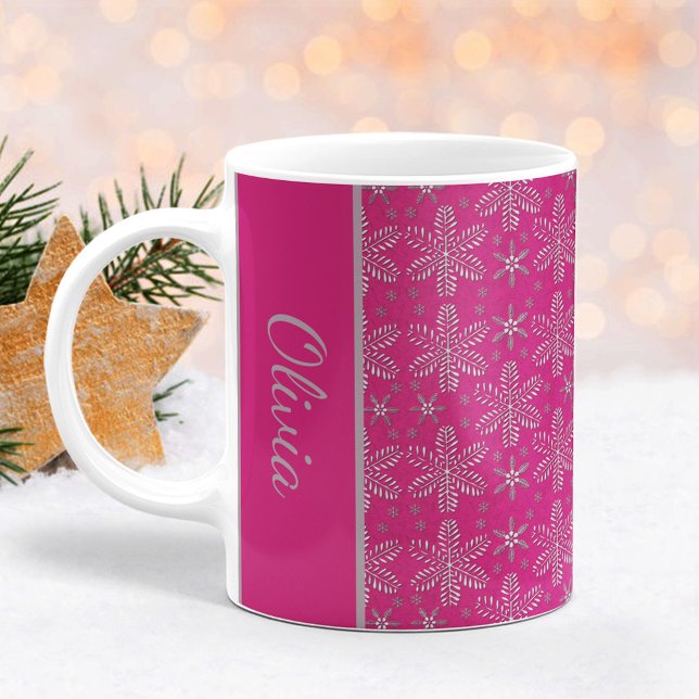Pink and Silver Snowflakes Christmas Mug with Name (Creator Uploaded)
