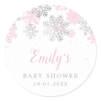 Pink And Silver Snowflakes Winter Girl Baby Shower Classic Round Sticker