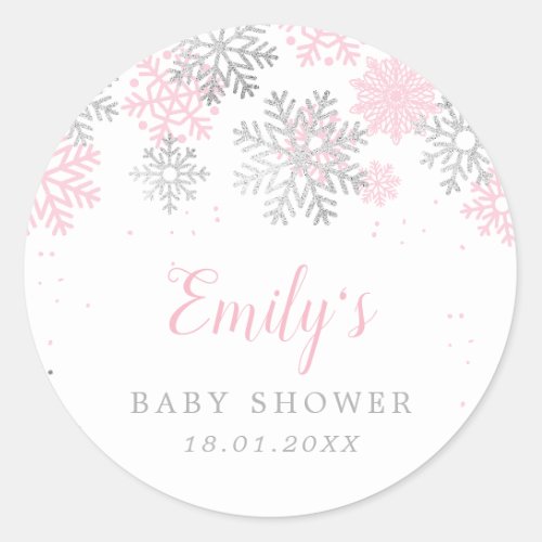 Pink And Silver Snowflakes Winter Girl Baby Shower Classic Round Sticker