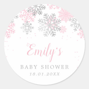 Pink And Silver Snowflakes Winter Girl Baby Shower Classic Round Sticker