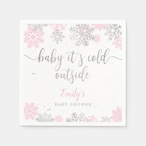 Pink And Silver Snowflakes Winter Girl Baby Shower Napkins