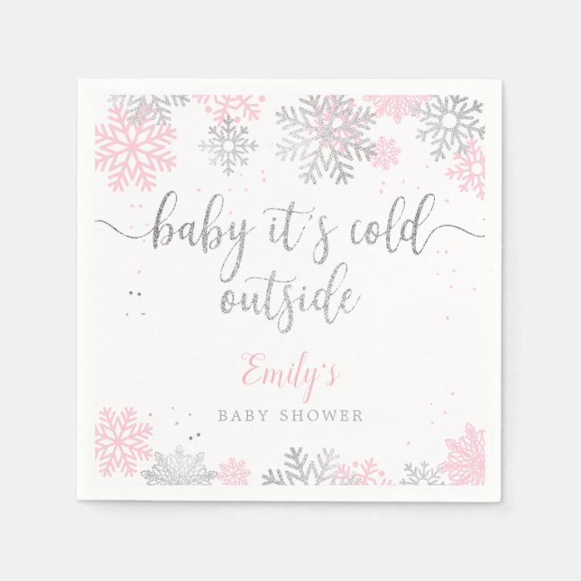 Pink And Silver Snowflakes Winter Girl Baby Shower Napkins (Front)