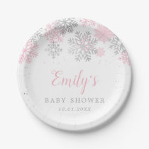 Pink And Silver Snowflakes Winter Girl Baby Shower Paper Plates